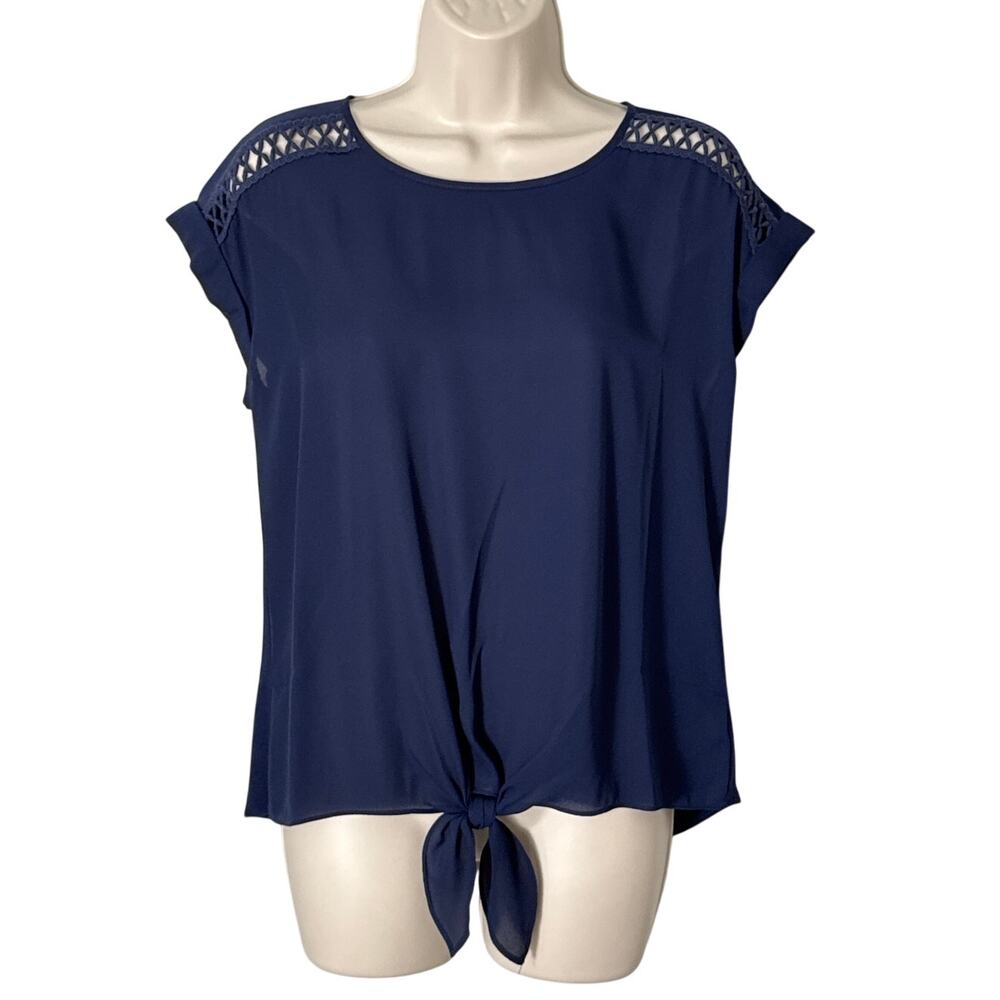 Fortune‎ + Ivy Tabitha Crochet Detail Tie Front Navy Blue Blouse Size S